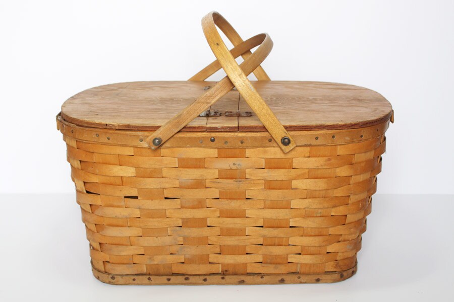 Vintage Picnic Basket Extra Large Woven Basket with hinged