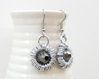 Gray earrings, crystal earrings, chainmaille jewelry