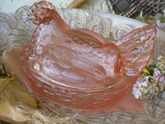 Vintage Pink Indiana Glass Hen On A Nest Shabby Cottage CHIC