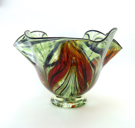 Hand Blown Art Glass Bowl LARGE Scarlet Red Feather