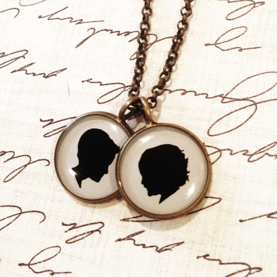 Two Medium Size Pendant Brass Necklace with Custom Child or Pet Silhouettes for Mother or Grandmother