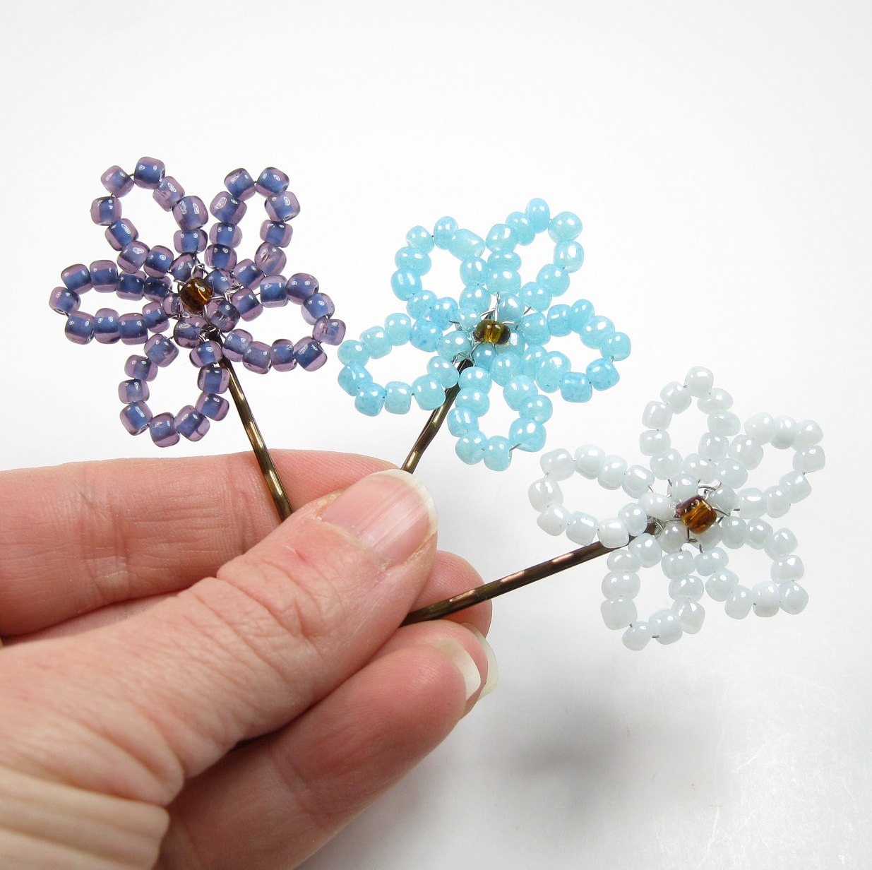 Beaded Flower Hair Pins Kids Hair Pins Blue by BeadsByDawn