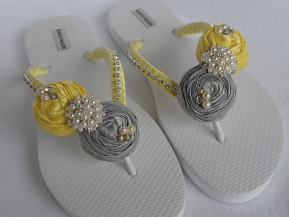 Yellow & Gray Bridal Flip Flops / Wedding colors Flip Flops