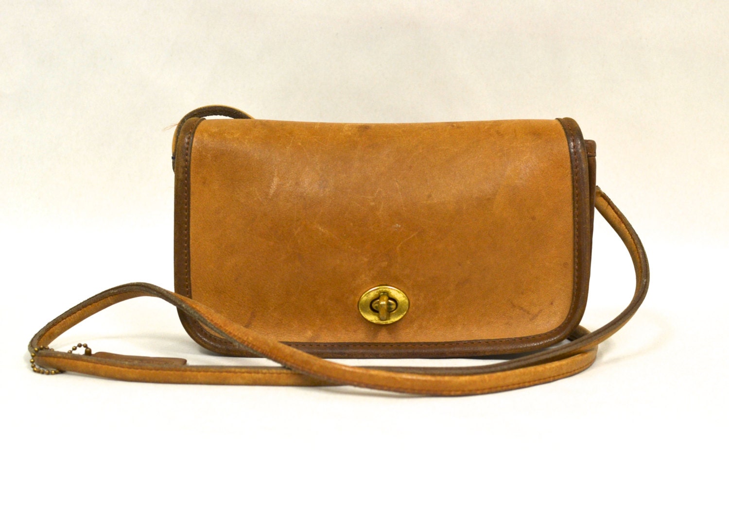Vintage COACH Small Tan Leather Turnlock Crossbody Bag