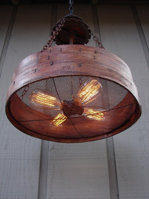 Rustic Hanging Light Upcycled Vintage Farm Sieve Rustic Light