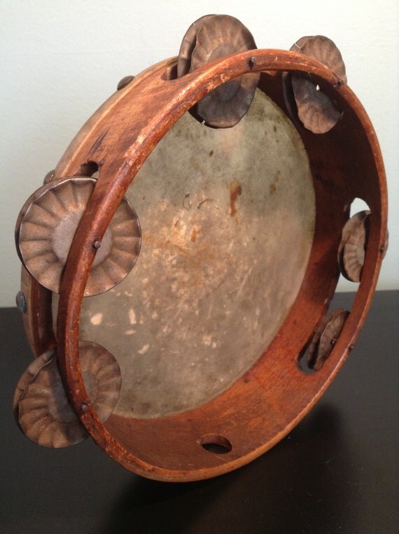 Authentic very old vintage wooden tamborine tambourine with