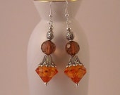 Orange and Brown Acrylic Faceted Beads with Pewter Bead Caps and Spacers Dangle Earrings