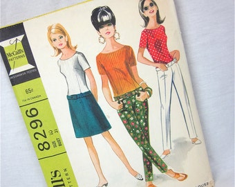 Vintage 60s Hip Hugger Pants, Skirt and Blouse Sewing Pattern, McCalls 8296