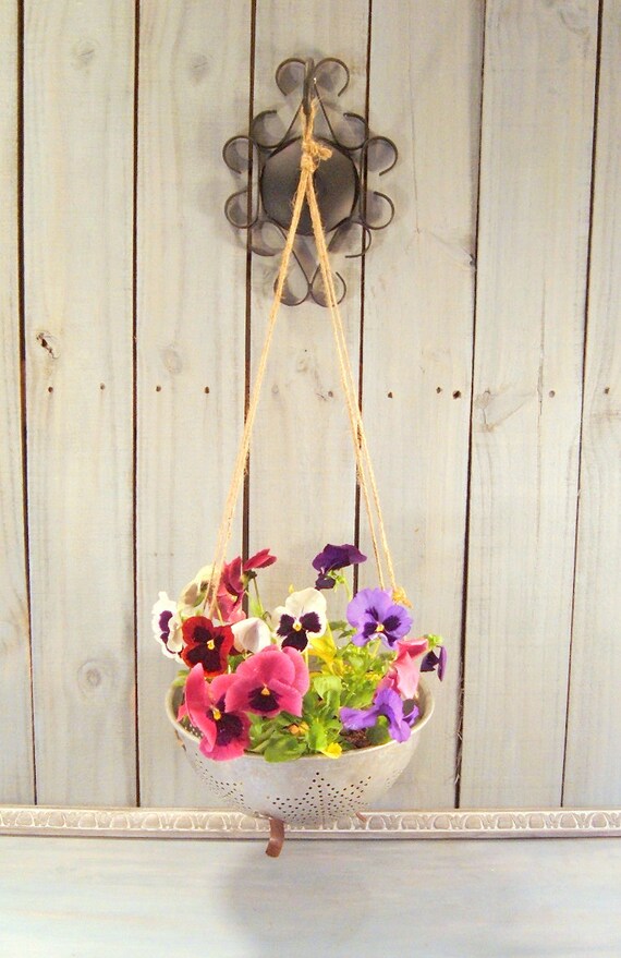 Repurposed Colander Flower Pot Rustic Hanging Flower Pot