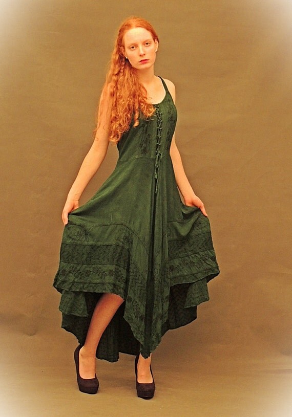 Gorgeous Gypsy Dress Forest Green Folk Embroidery Braid