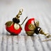 Red dangle earrings - drop earrings - red earrings - red jewelry - antique brass earrings - vintage style earrings