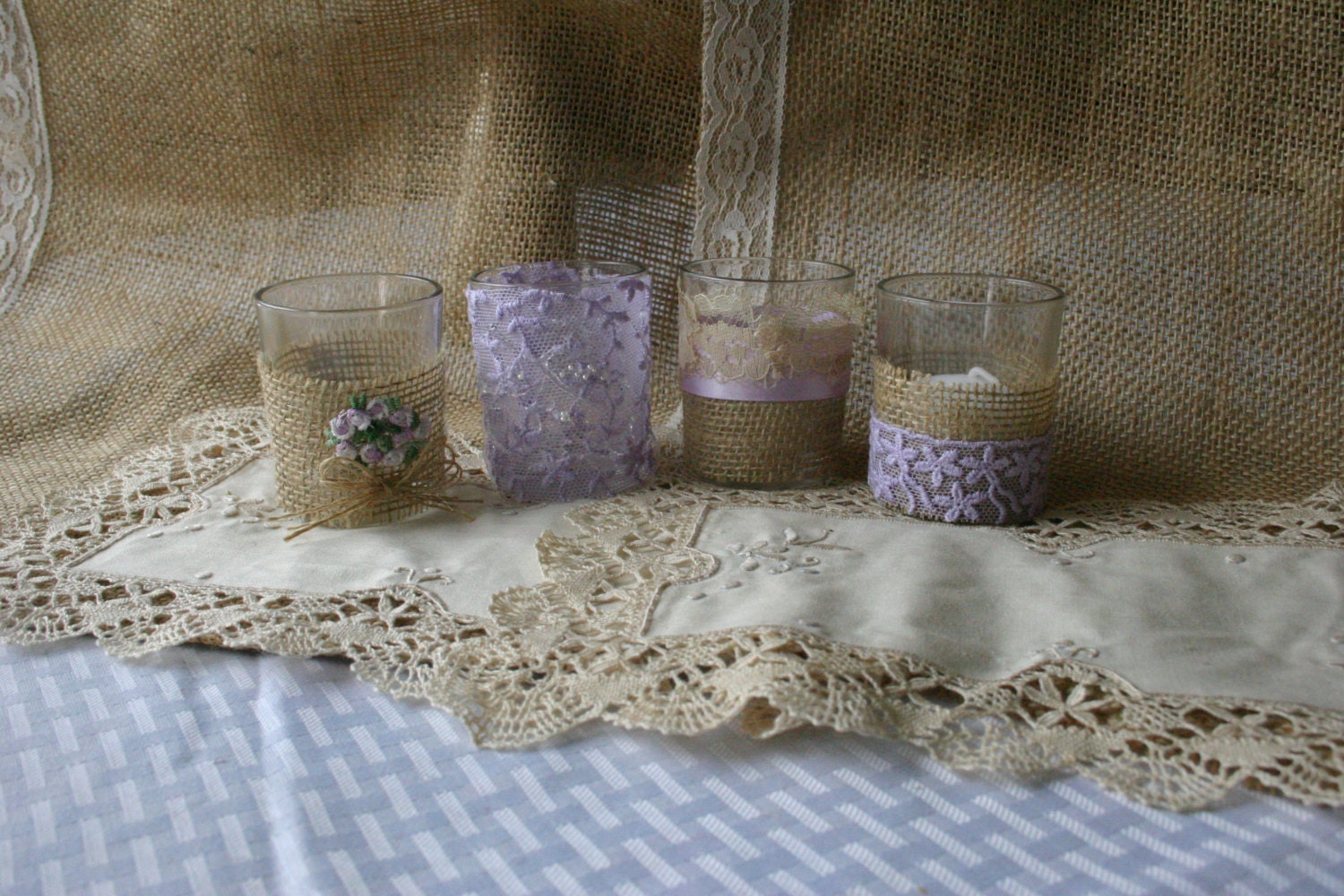 Burlap and LAVENDER lace wedding votives Wedding by Bannerbanquet