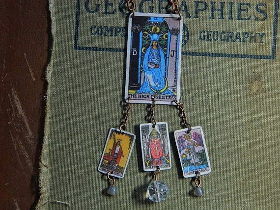 Tarot cards necklace High Priestess quartz crystal moonstone