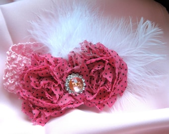 SALE----Pink Baby Waffle Headband with White Feathers Pink Shabby Frayed Flowers and a Pink and Rhinestone Accent