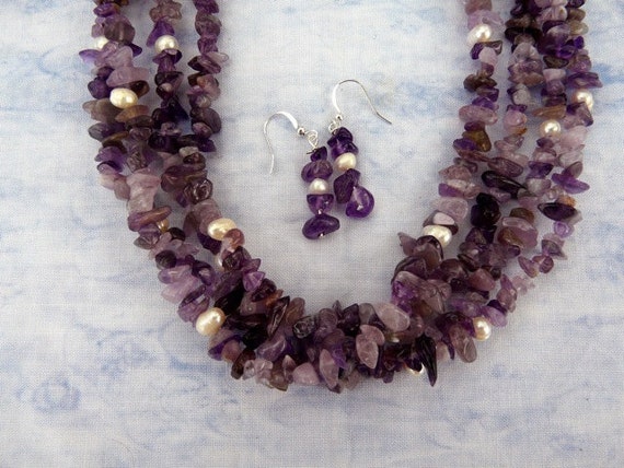 18 Inch Four Strand Amethyst Chip and Pearl Necklace with