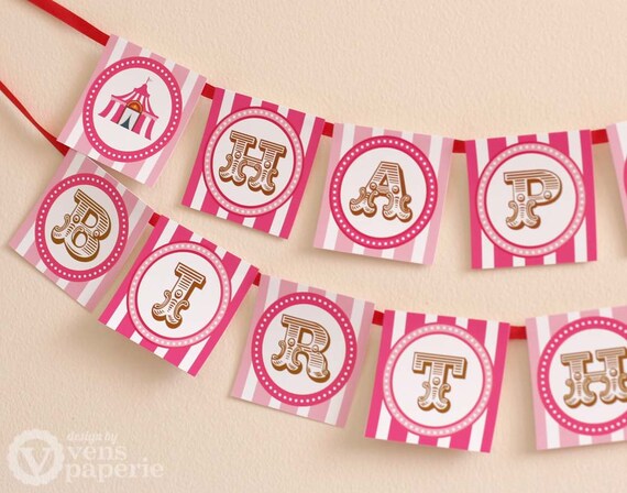 Vintage Pink Carnival Circus Birthday Party - DIY PRINTABLE Happy Birthday Banner - Instant Download - design by venspaperie - PS801CA2e Il_570xn