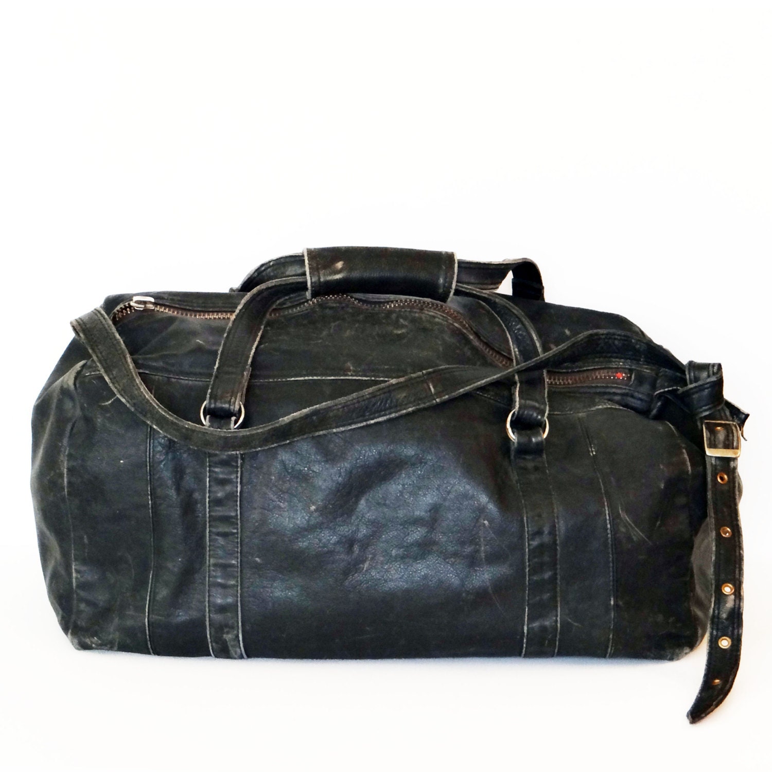 Vintage Black Distressed Leather Duffel Bag