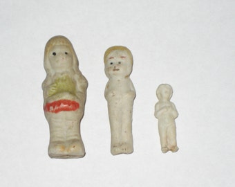 SALE 12.00 3 vintage frozen charlotte ceramic dolls miniatures collection marked japan