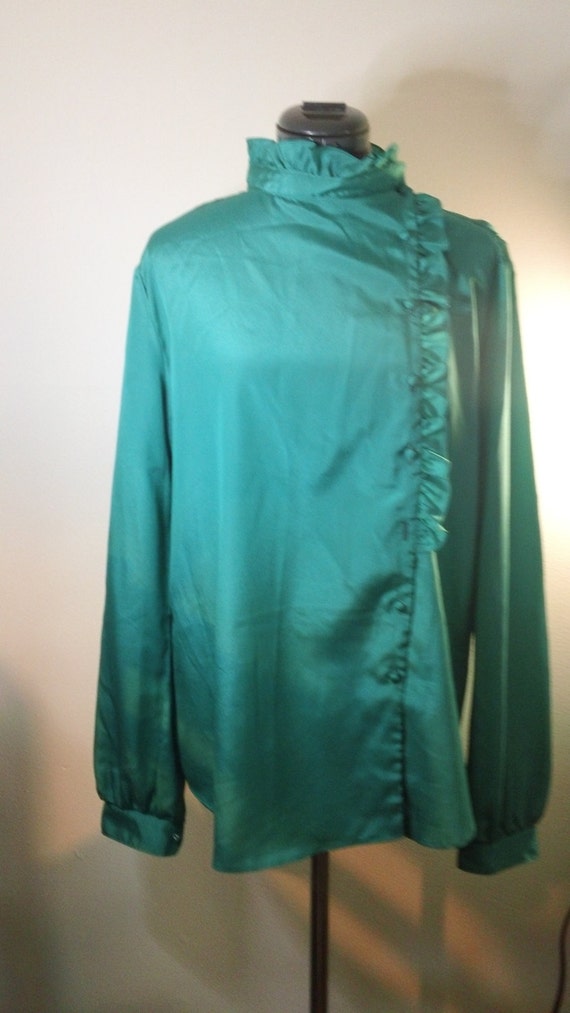 Vintage 1980s high-neck Teal Ruffle Blouse