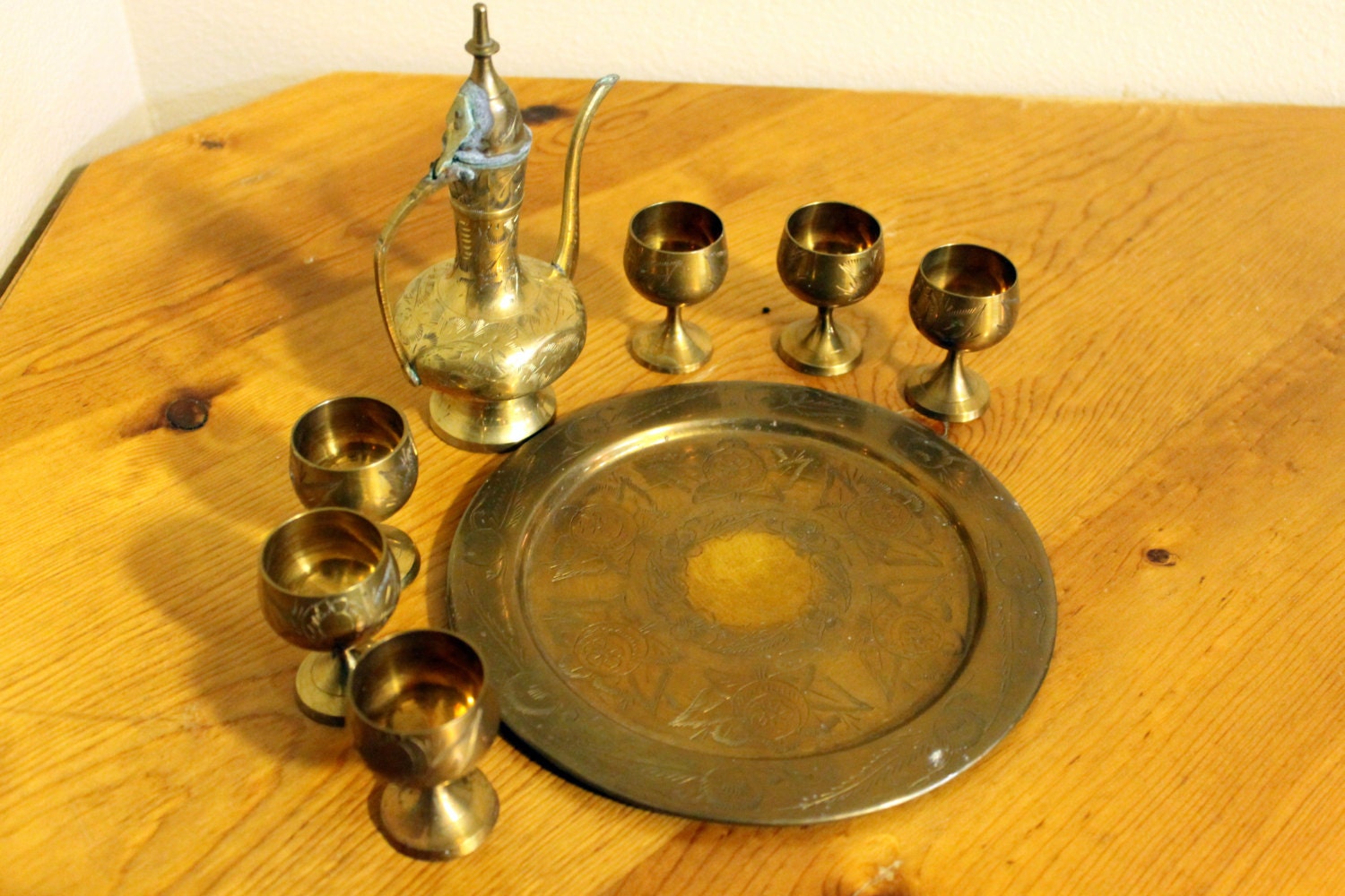 Vintage 8 Piece Indian Brass Mini Tea Set with 6 Goblets