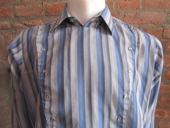 Mens MEDIUM LARGE bib front cowboy shirt, Panhandle Slim, vintage, gray and blue striped, pearl snaps (386)