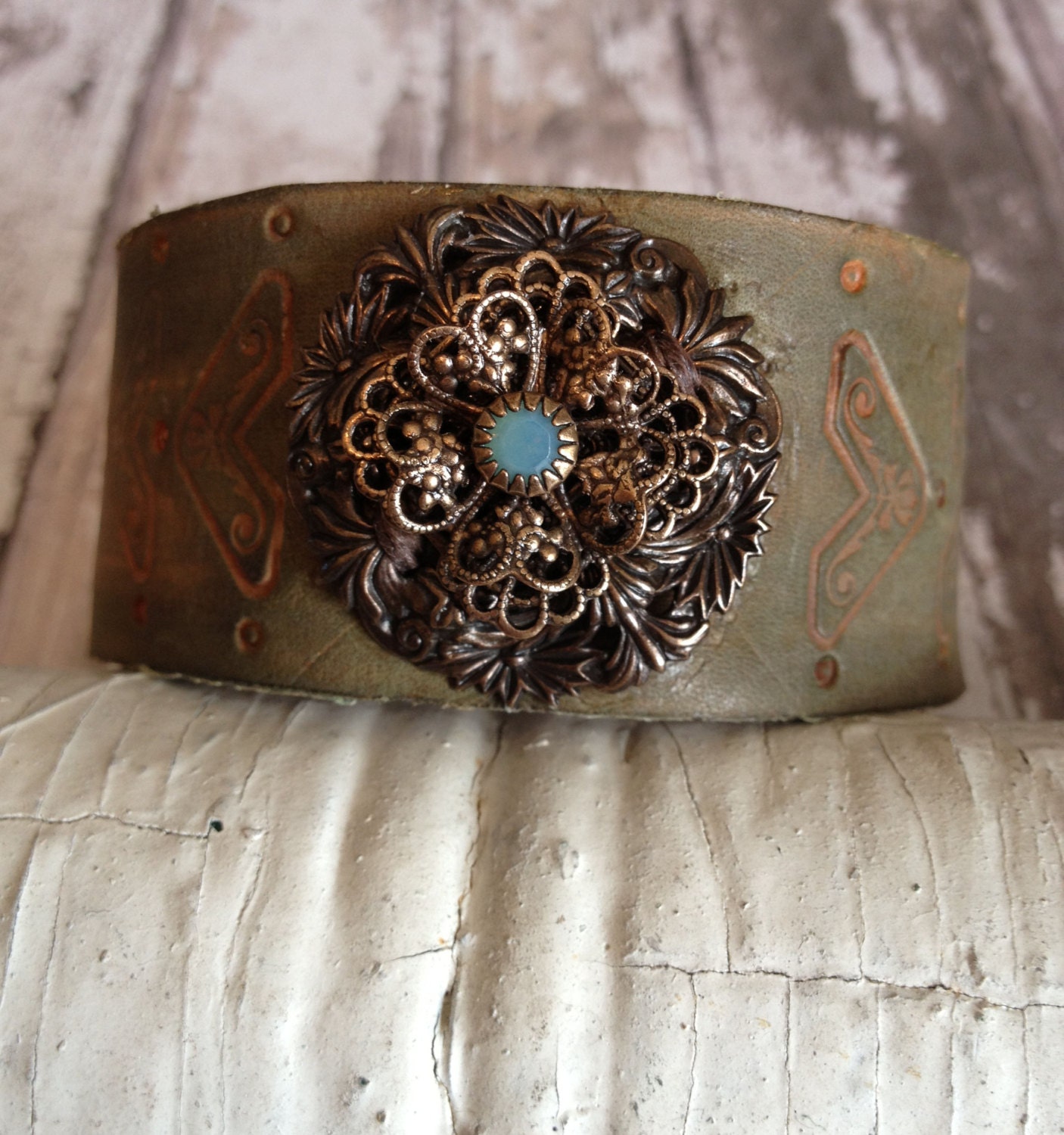 Antique Brass Filigree Leather Cuff by thoughtfulart on Etsy