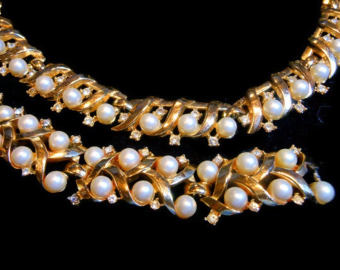 FREE SHIPPING Crown Trifari necklace and bracelet set, 1950s white faux pearl and rhinestone necklace and bracelet signed, gold plated
