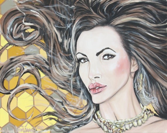 Nikki Benz Acrylic Portrait Painting w Honey Comb background