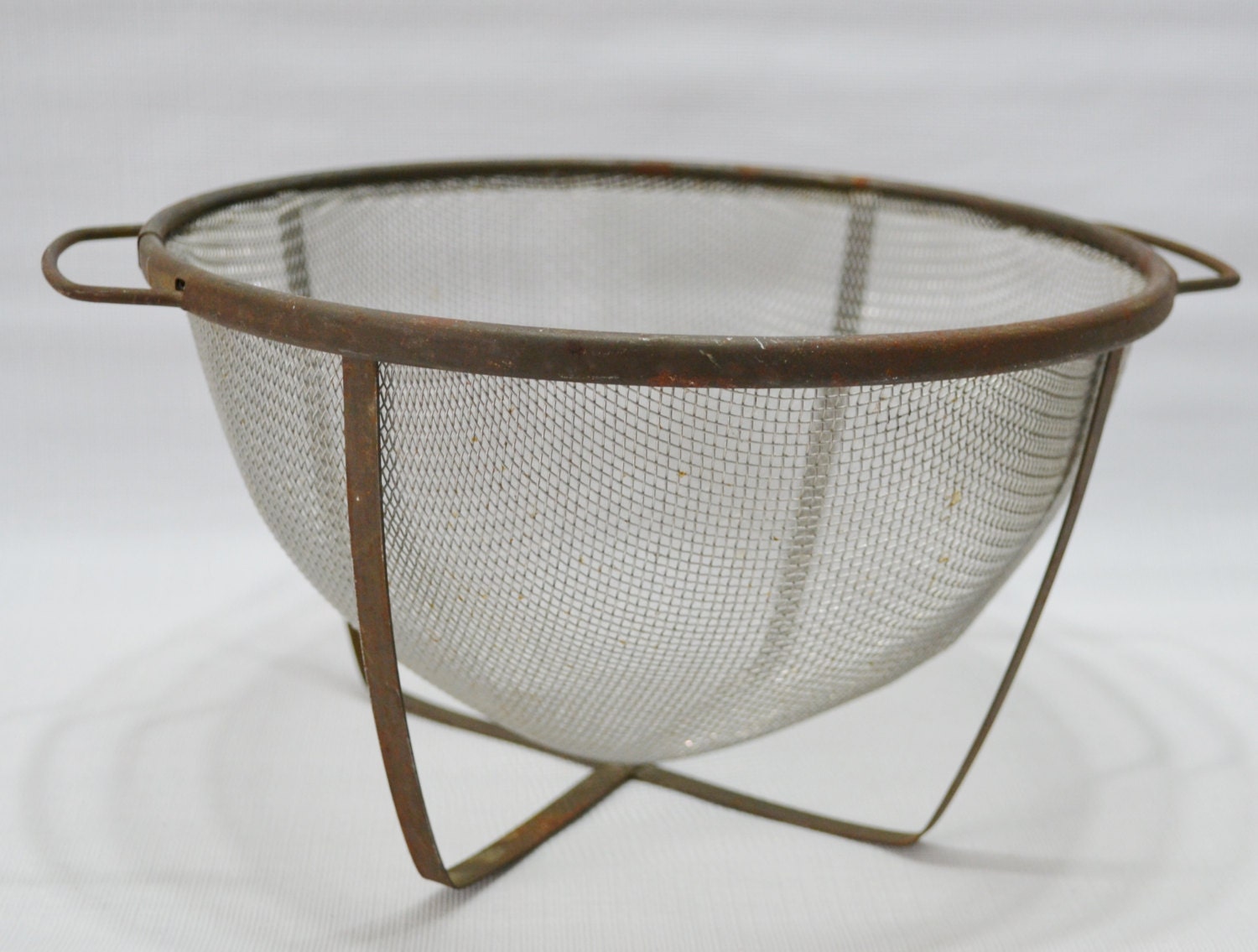 Vintage Colander Strainer Mesh Metal Wire With Stand