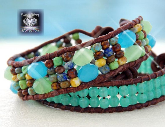 Bahamas... Set of two leather wrap bracelets... Bling by OceanBead