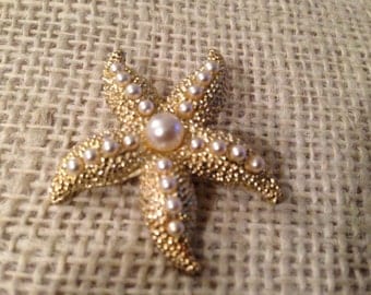 Vintage Gold Tone Starfish with Tiny Pearls Brooch