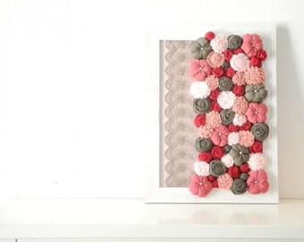 Fabric flower wall art Shabby chic Framed 3D design home decor White olive red pink - OOAK spring bouquet
