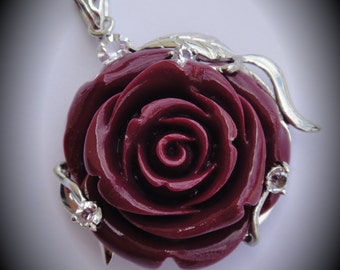 Silver Plated 3D Rose With Rhinestones Pendant In Burgundy