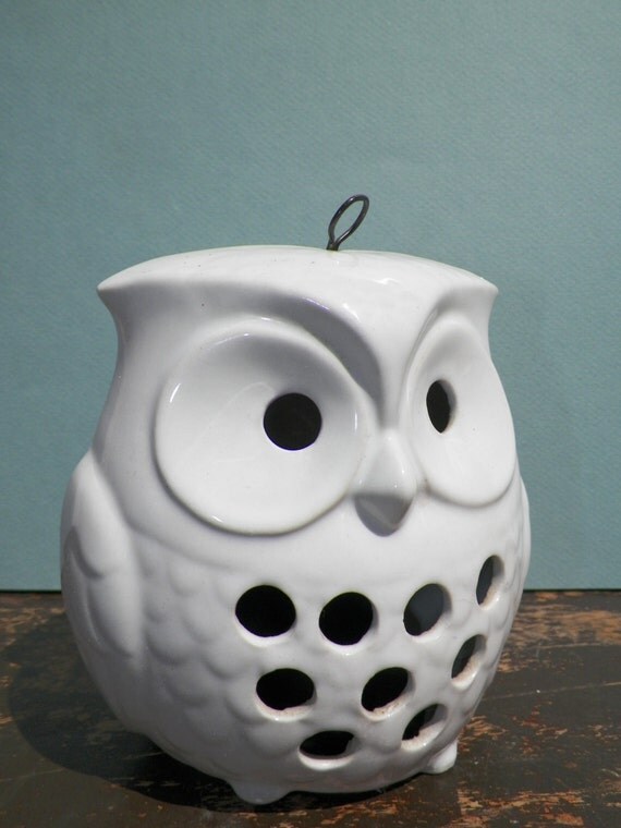Vintage Owl Tea Light Holder. Owl Lantern. White Owl. Ceramic.