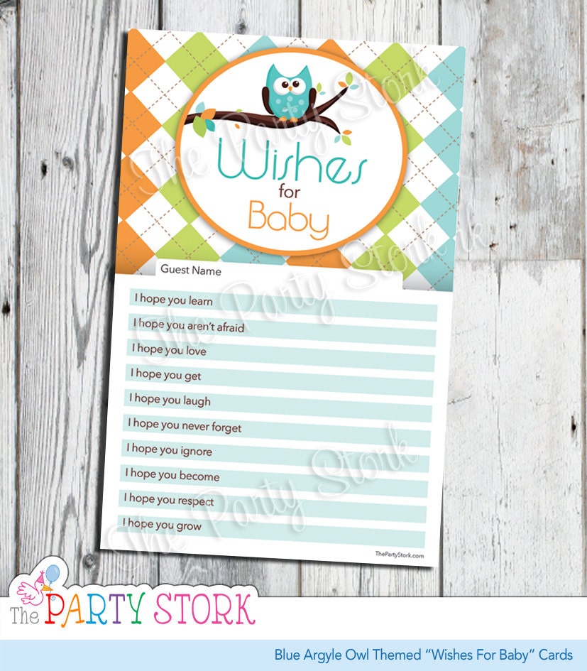Wishes for Baby Cards Owl Argyle Boy Print PRINTABLE Baby