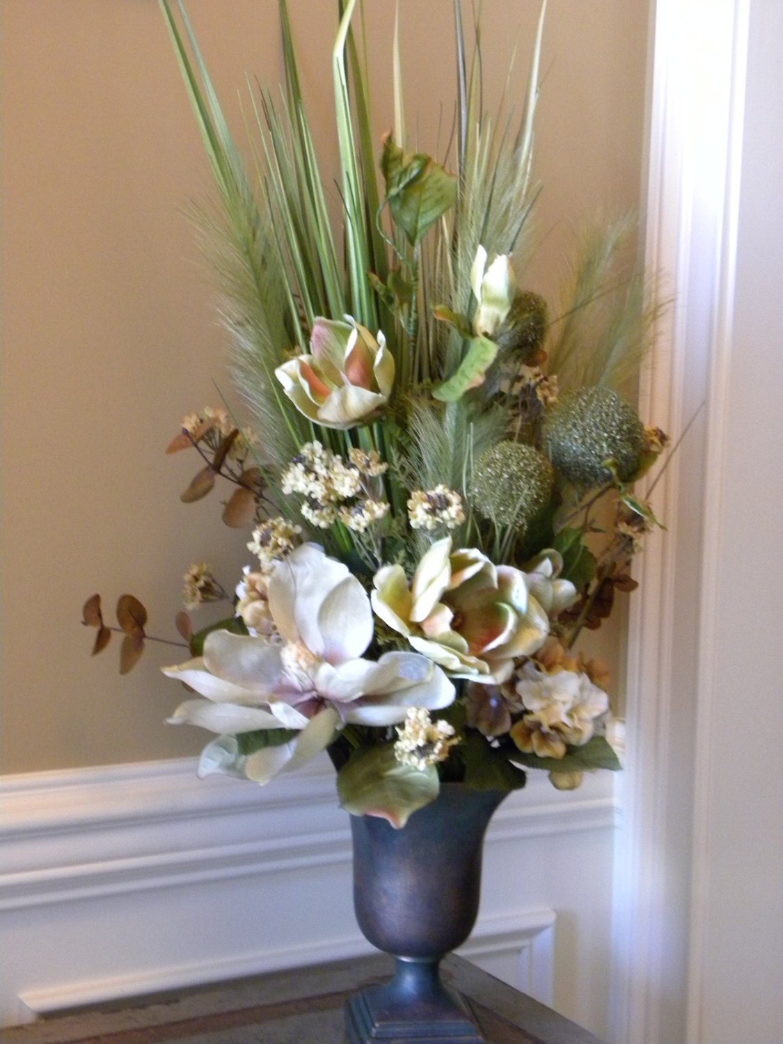 Tall Flower Arrangement Field Magnolia in Vase Sage Green