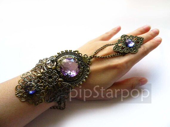Elven filigree bracer armor jewelry (Wisteria Purple) Bronze Metal filigree lace bracer / Slave Bracelet - Customizable gem color by PipStarPop steampunk buy now online