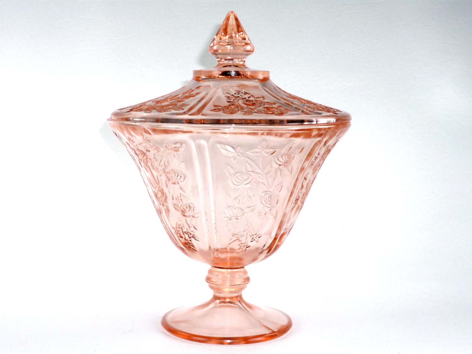 Pink Depression Glass Covered Candy Dish Sharon Cabbage Rose.