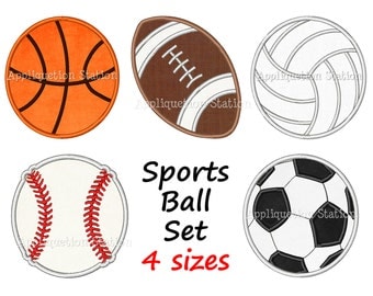 Sports Ball Set Applique Machine Embroidery Design Boy Baseball, Football, Basketball, Soccer Ball, Volleyball INSTANT DOWNLOAD