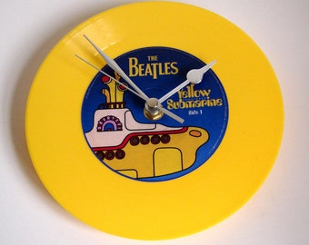 The Beatles, Vinyl Record CLOCK, a recycled 7" record, Yellow Submarine, Bright Yellow, Beatlemania, reproduction, handmade item, fan homage