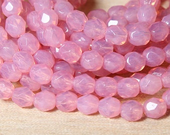 Milky Pink Czech Glass Beads, 6mm Faceted Round - 50 pcs - e71010-6