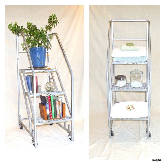 Vintage Industrial Rolling Ladder / Shelving / Storage