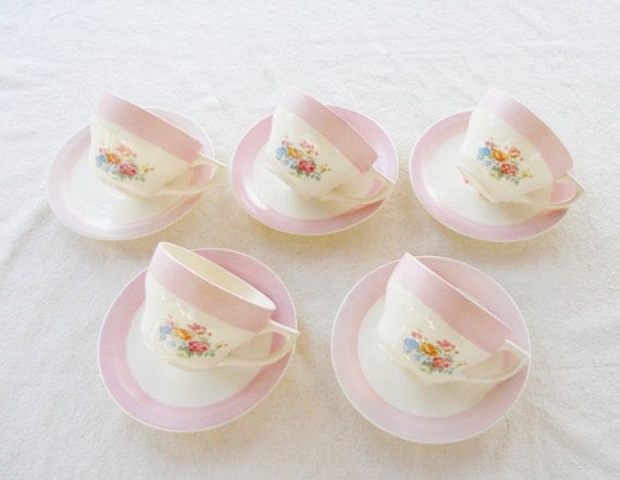 Vintage Pink Banded Floral Teacups and Saucers, Set of 5