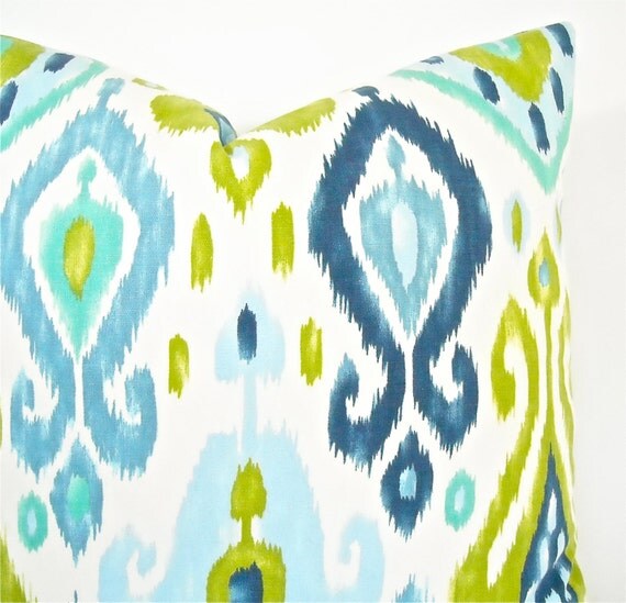 Decorative Waverly Ikat Pillow Cover Lime Green Blues Aqua