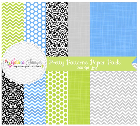 INSTANT DOWNLOAD, pretty patterns digital paper pack - chevron background - damask papers - baby shower - blue, green, grey - polka dot Il_570xn