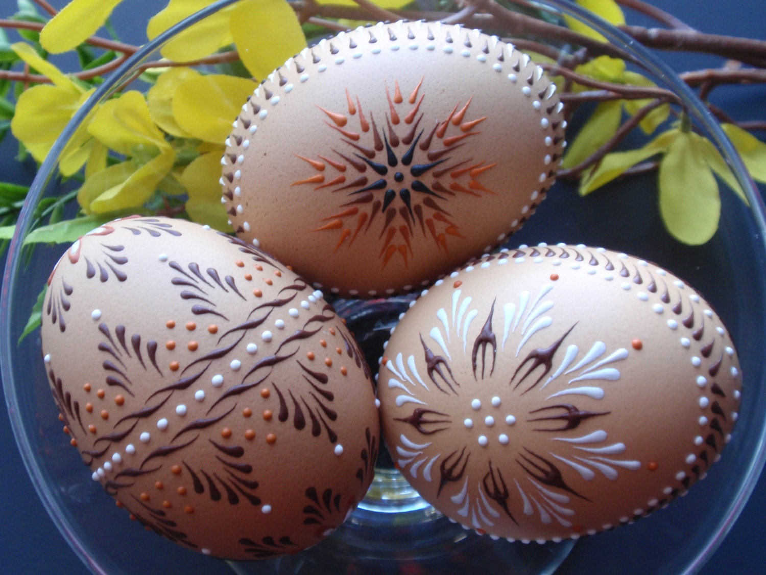 Easter Eggs Pysanky Set of 3 Decorated Brown Chicken Eggs