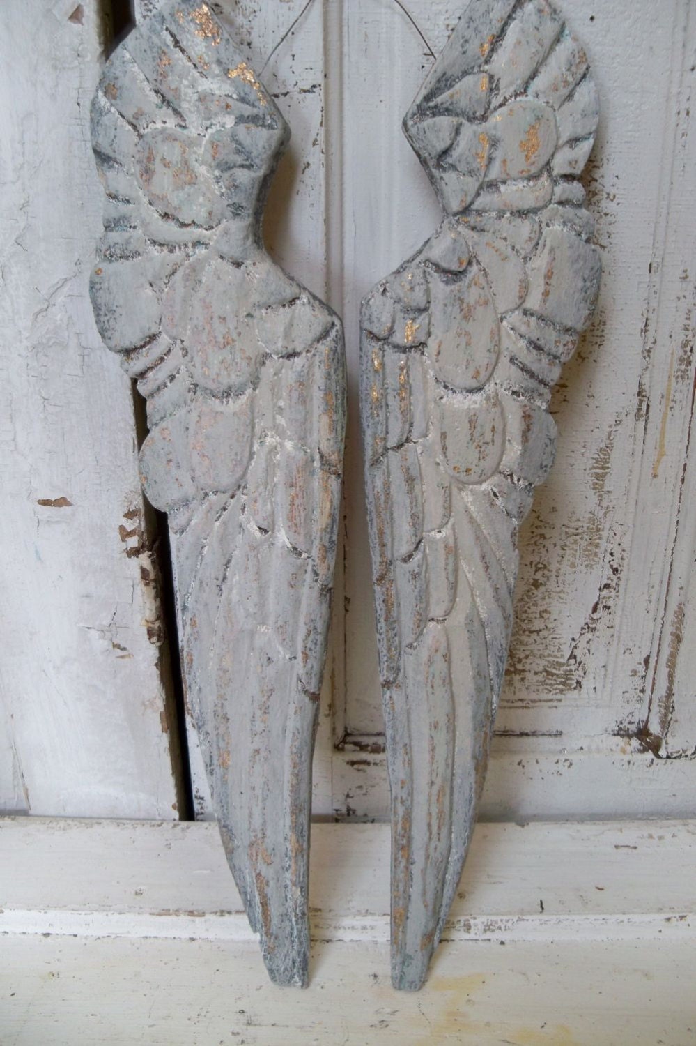 Wooden angel wings wall sculpture white gray distressed carved