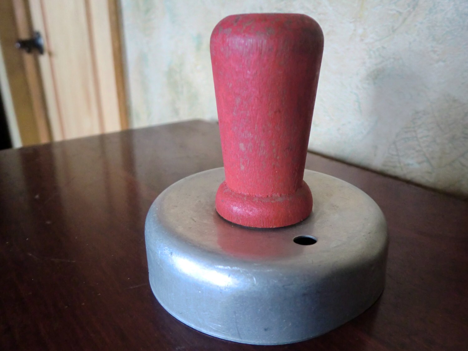 Vintage Aluminum Biscuit Cutter with Red Wooden Handle