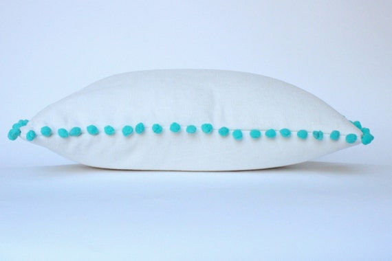 White Linen Pillow with Light Blue Pom Pom Trim