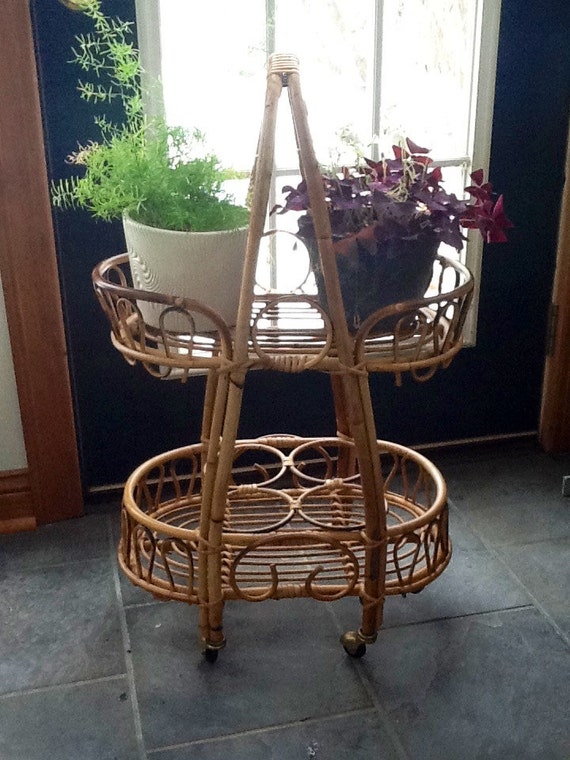 Vintage Rolling Bamboo Plant Cart Rattan Plant Stand